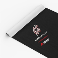 Custom hand banner printed on 13oz matte vinyl with Ardor Printing branding, partly rolled to show the side sleeve