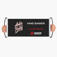 Custom hand banner with Ardor Printing branding held up by its left and right plastic handles