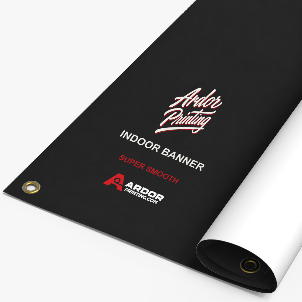 Custom indoor banner on super smooth vinyl printed with Ardor Printing branding, partly rolled with a grommet