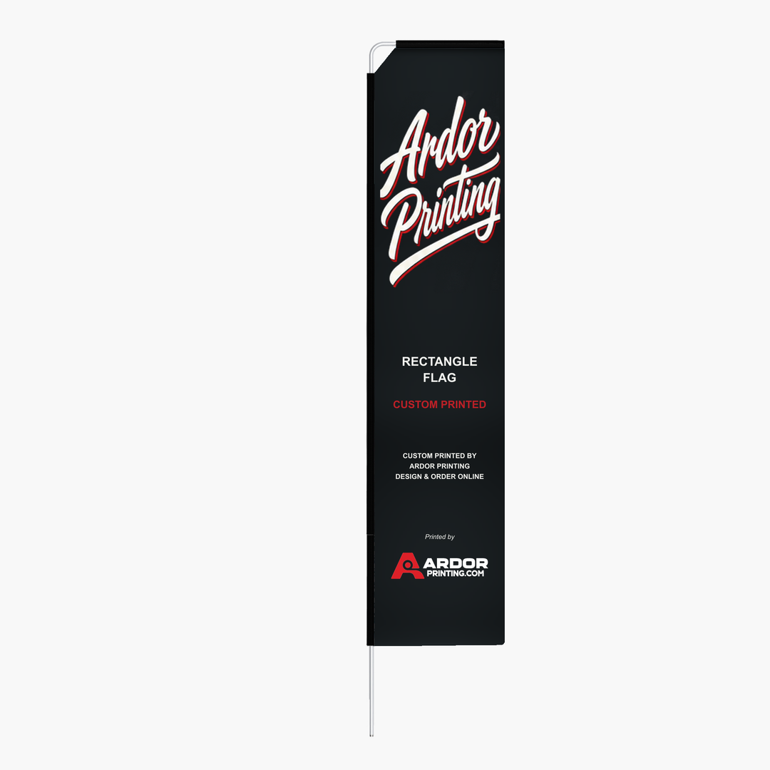 Custom printed rectangle flag with Ardor Printing branding, full color print on a pole