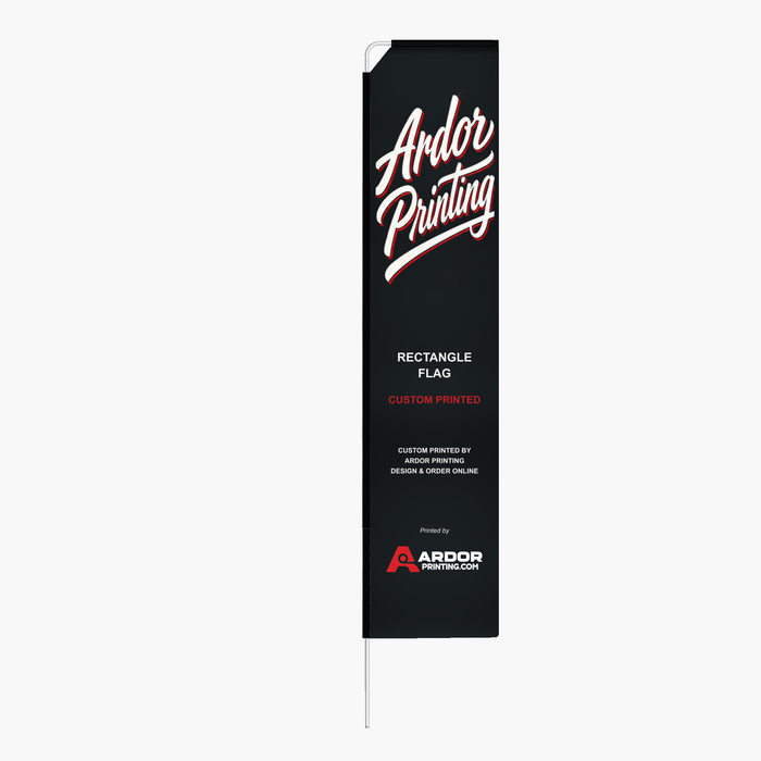 Custom printed rectangle flag with Ardor Printing branding, full color print on a pole
