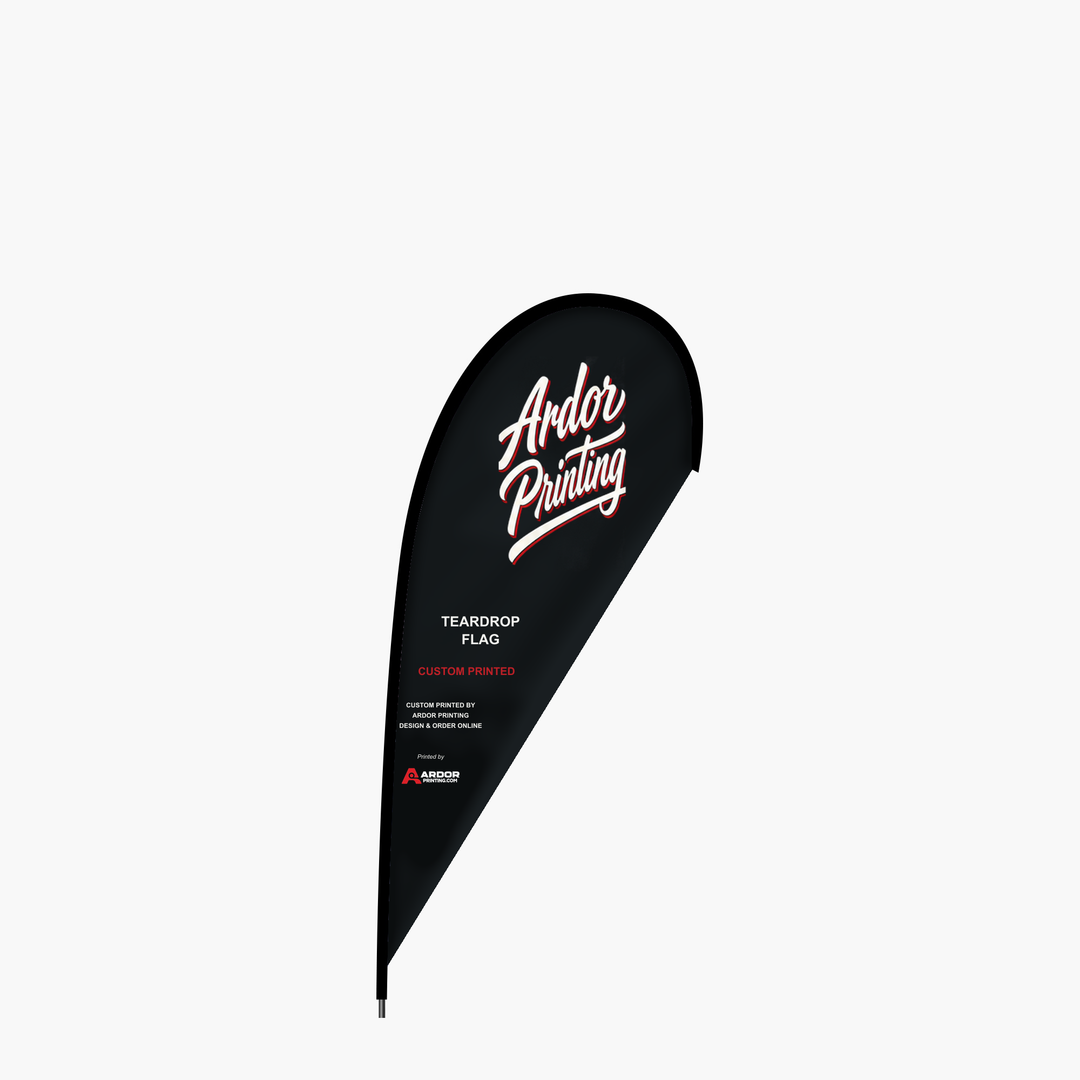 Custom printed teardrop flag with Ardor Printing branding, full color print on a pole