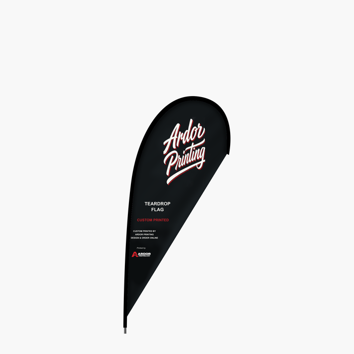 Custom printed teardrop flag with Ardor Printing branding, full color print on a pole