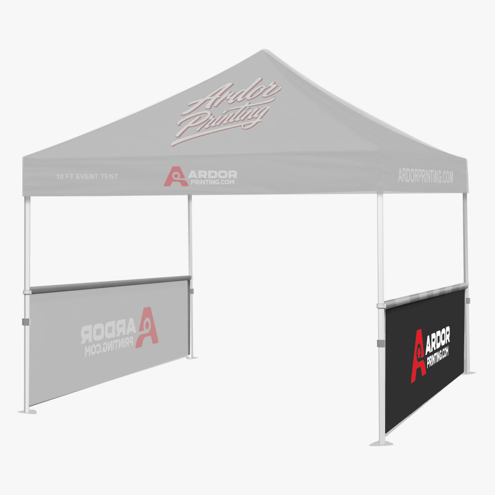 Custom printed tent half wall with Ardor Printing branding on the side of a 10 x 10 ft event tent, the rest of the tent shown faded
