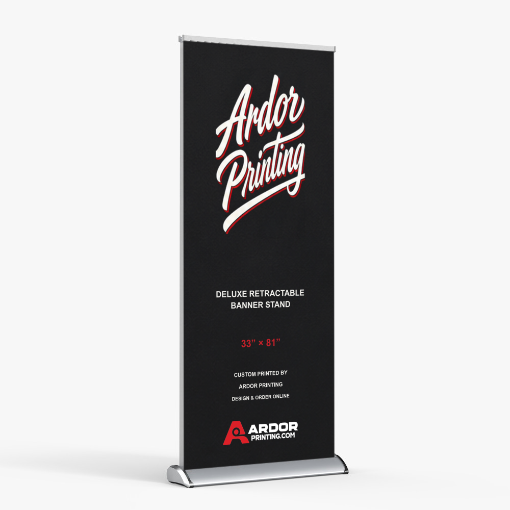 Deluxe retractable banner stand, 33 x 81 in, double sided, with a printed banner showing Ardor Printing branding