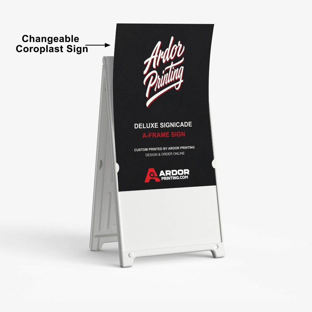 White Deluxe Signicade A-frame with its changeable 24 x 36 in coroplast sign sliding into the frame, Ardor Printing branding