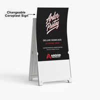 White Deluxe Signicade A-frame with its changeable 24 x 36 in coroplast sign sliding into the frame, Ardor Printing branding