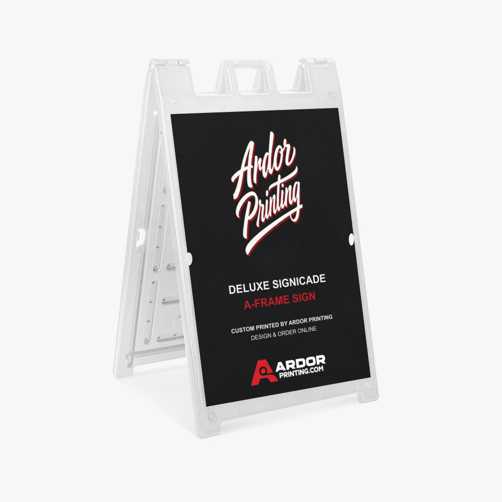Deluxe Signicade A-frame sign with a white frame and a printed 24 x 36 in coroplast sign, shown with Ardor Printing branding