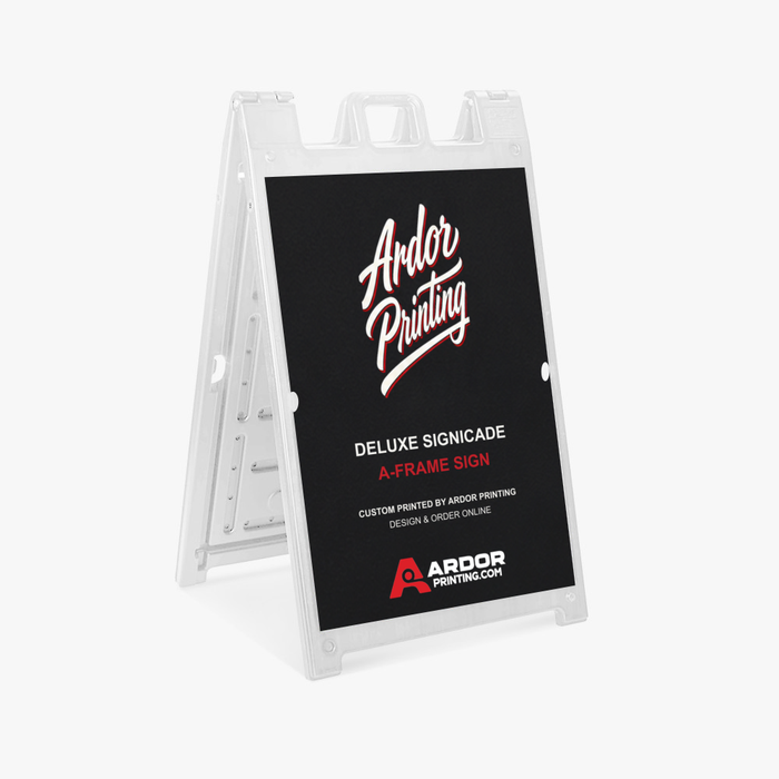 Deluxe Signicade A-frame sign with a white frame and a printed 24 x 36 in coroplast sign, shown with Ardor Printing branding