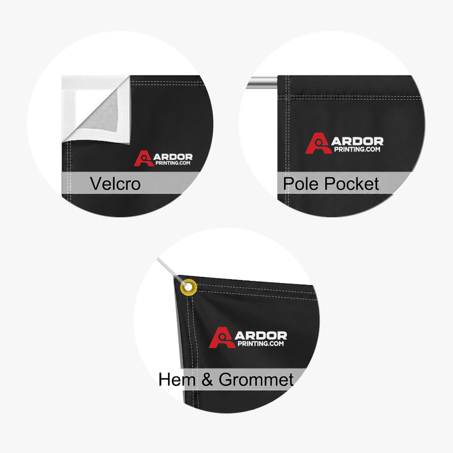 Fabric banner finishing options with Ardor Printing branding: velcro, pole pocket, hem and grommet