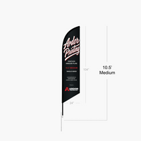 Medium 10.5 ft single sided feather angled flag dimensions, shown with Ardor Printing branding