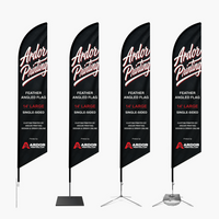 14 ft single sided feather angled flags on four bases: ground stake, square base, cross base and cross base with water bag
