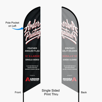 18 ft feather angled flag, single sided print thru: front reads correctly and the back shows a mirror image, pole pocket on the left