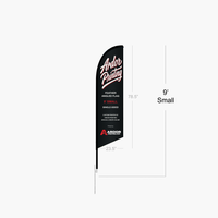 Small 9 ft single sided feather angled flag dimensions: 78.5 in tall flag, 23.5 in wide, shown with Ardor Printing branding