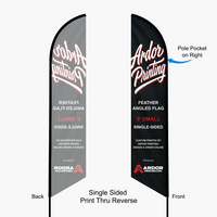 9 ft feather angled flag, single sided print thru reverse: pole pocket on the right, back shows a mirror image