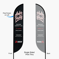 14 ft feather convex flag, single sided print thru: front reads correctly and the back shows a mirror image, pole pocket on the left