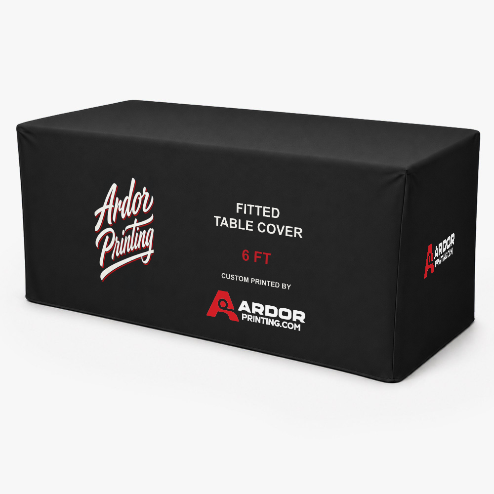 Custom 6 ft fitted table cover printed with Ardor Printing branding, tailored to the table with squared corners