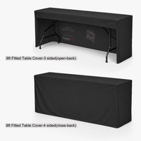 8 ft fitted table cover options compared: 3 sided with an open back and 4 sided with a closed back, Ardor Printing branding