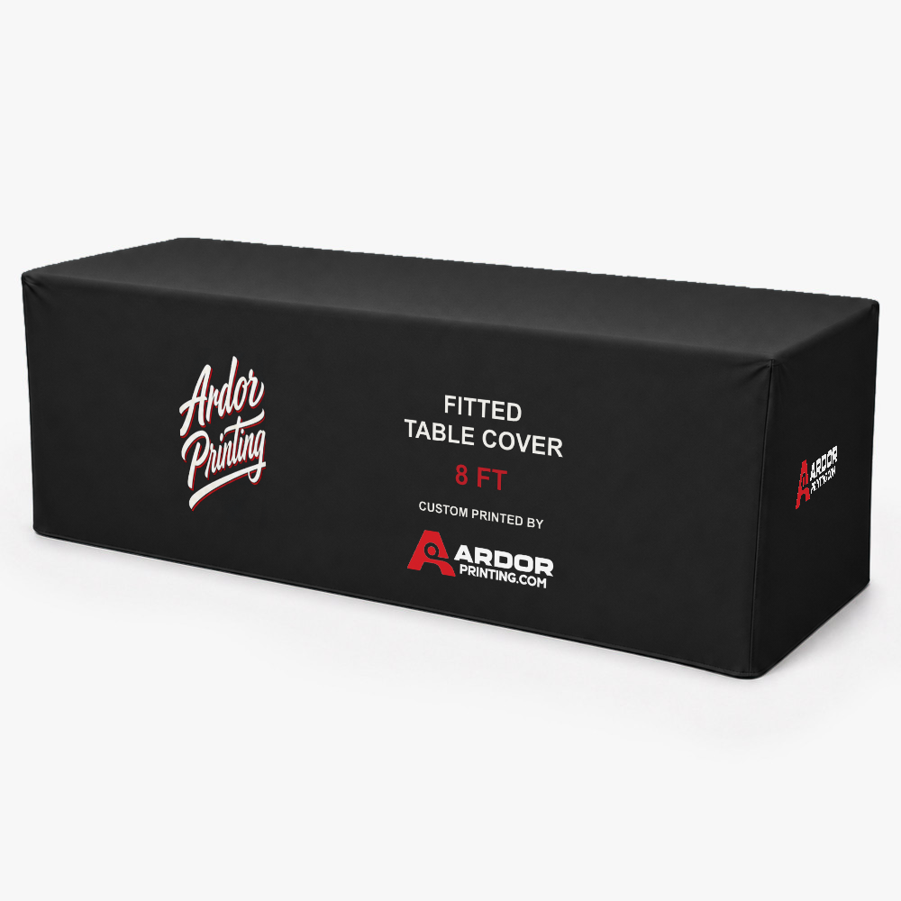 Custom 8 ft fitted table cover printed with Ardor Printing branding, tailored to the table with squared corners