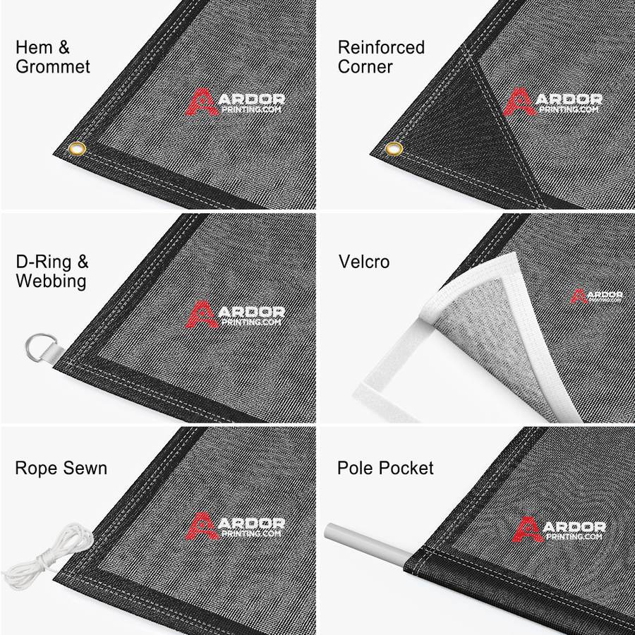Mesh banner finishing options with Ardor Printing branding: hem and grommet, reinforced corner, D-ring and webbing, velcro, sewn-in rope and pole pocket