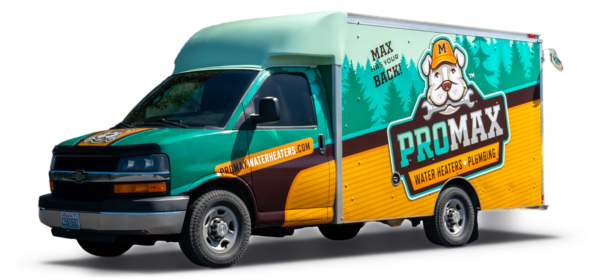 Box truck wrap for ProMax Water Heaters & Plumbing on a Chevrolet Express cutaway, printed and installed by Ardor Printing in Snohomish, WA