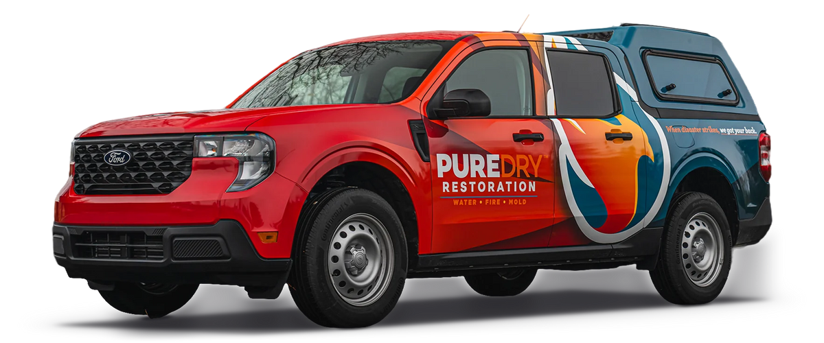 Ford Maverick pickup truck and canopy wrap for PureDry Restoration, printed and installed by Ardor Printing in Snohomish, WA