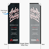 15 ft rectangle flag, single sided print thru: front reads correctly and the back shows a mirror image, pole pocket on the left