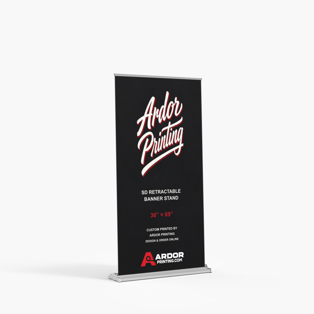 SD adjustable height retractable banner stand, 36 x 69 in, with a printed banner showing Ardor Printing branding
