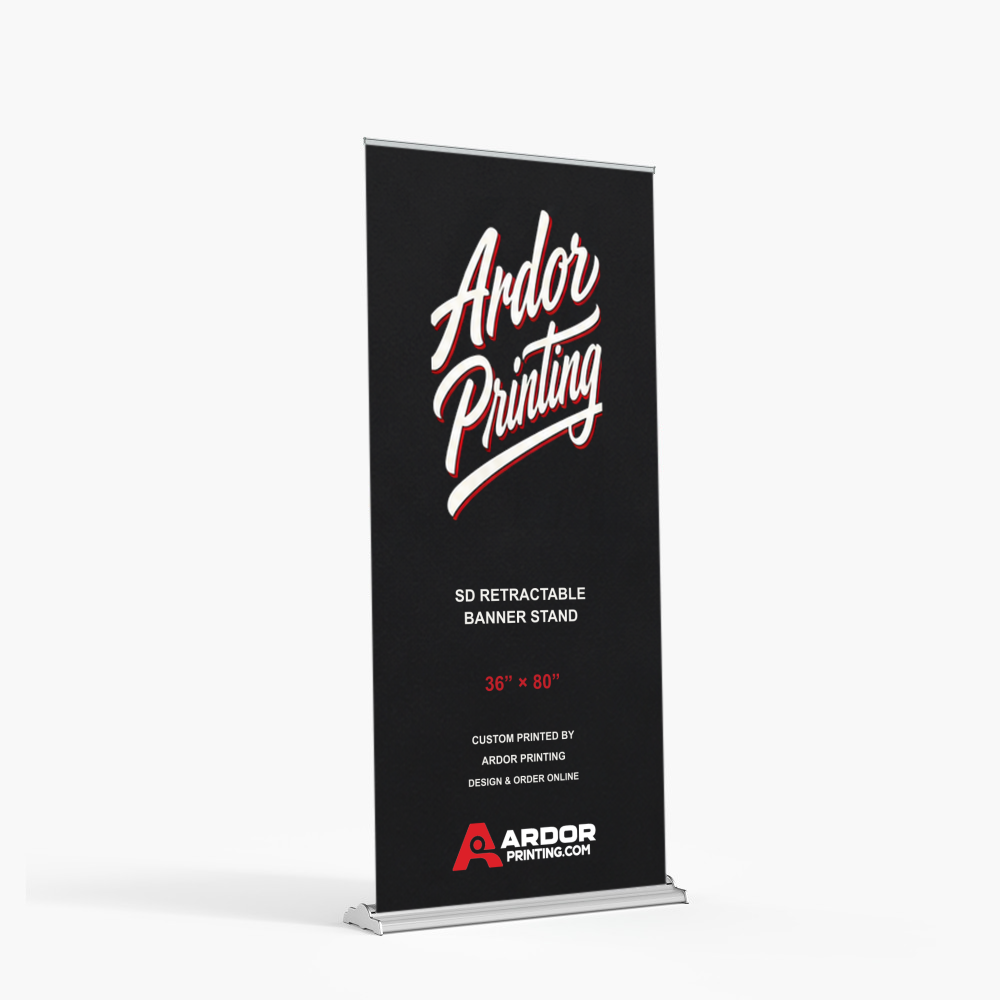 SD adjustable height retractable banner stand, 36 x 80 in, with a printed banner showing Ardor Printing branding