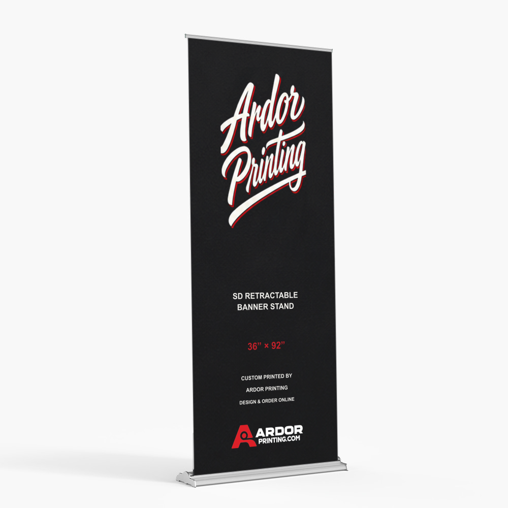 SD adjustable height retractable banner stand, 36 x 92 in, with a printed banner showing Ardor Printing branding