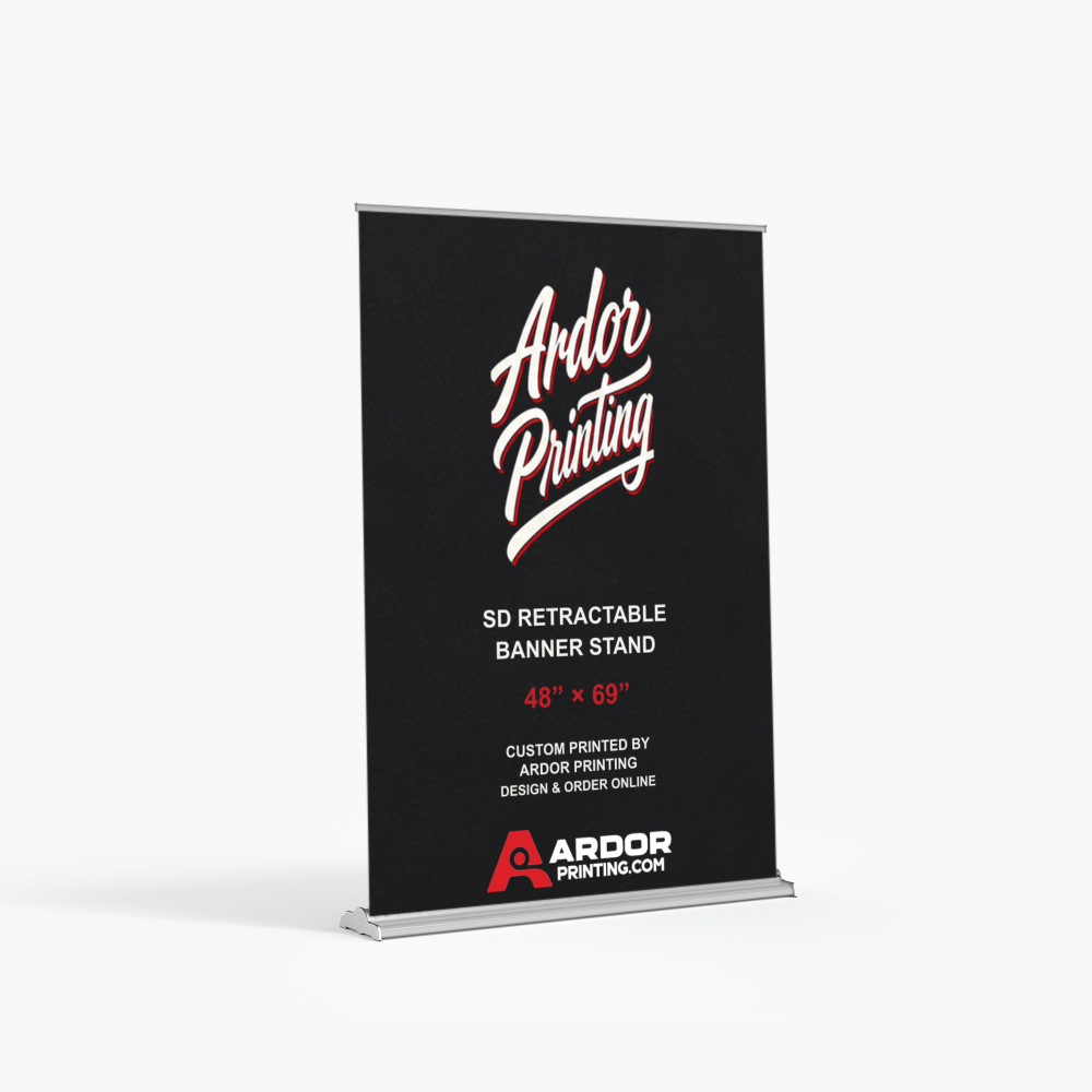 SD adjustable height retractable banner stand, 48 x 69 in, with a printed banner showing Ardor Printing branding