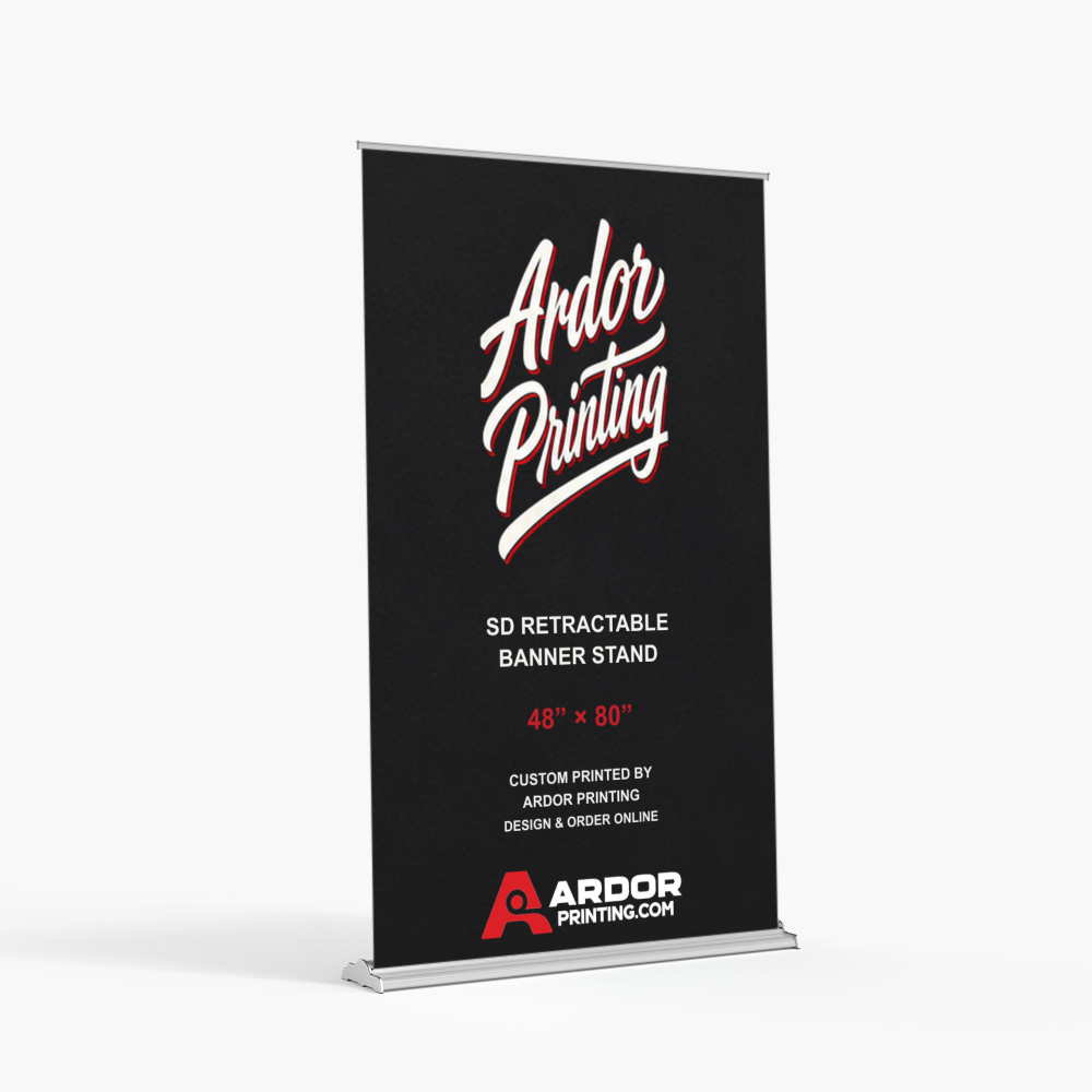 SD adjustable height retractable banner stand, 48 x 80 in, with a printed banner showing Ardor Printing branding