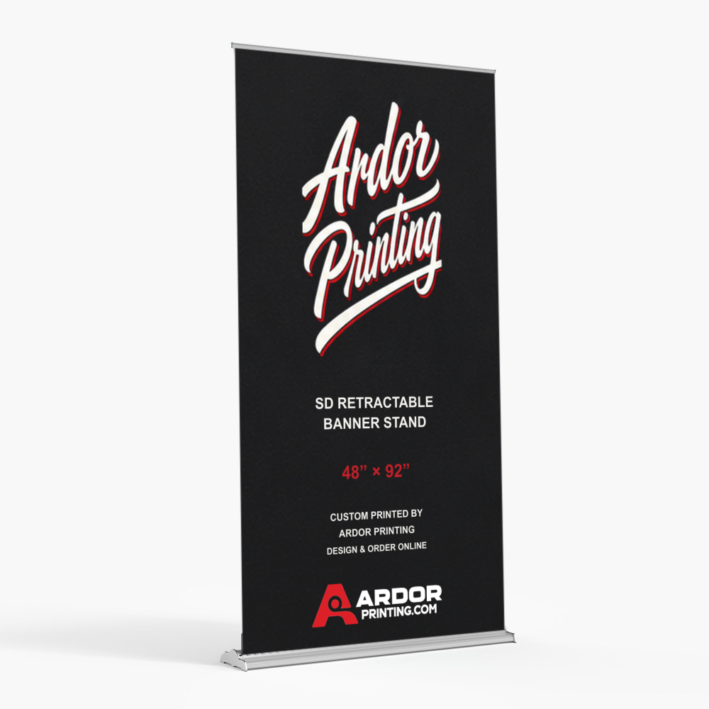 SD adjustable height retractable banner stand, 48 x 92 in, with a printed banner showing Ardor Printing branding