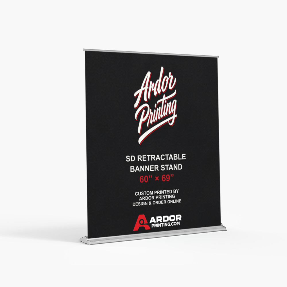 SD adjustable height retractable banner stand, 60 x 69 in, with a printed banner showing Ardor Printing branding