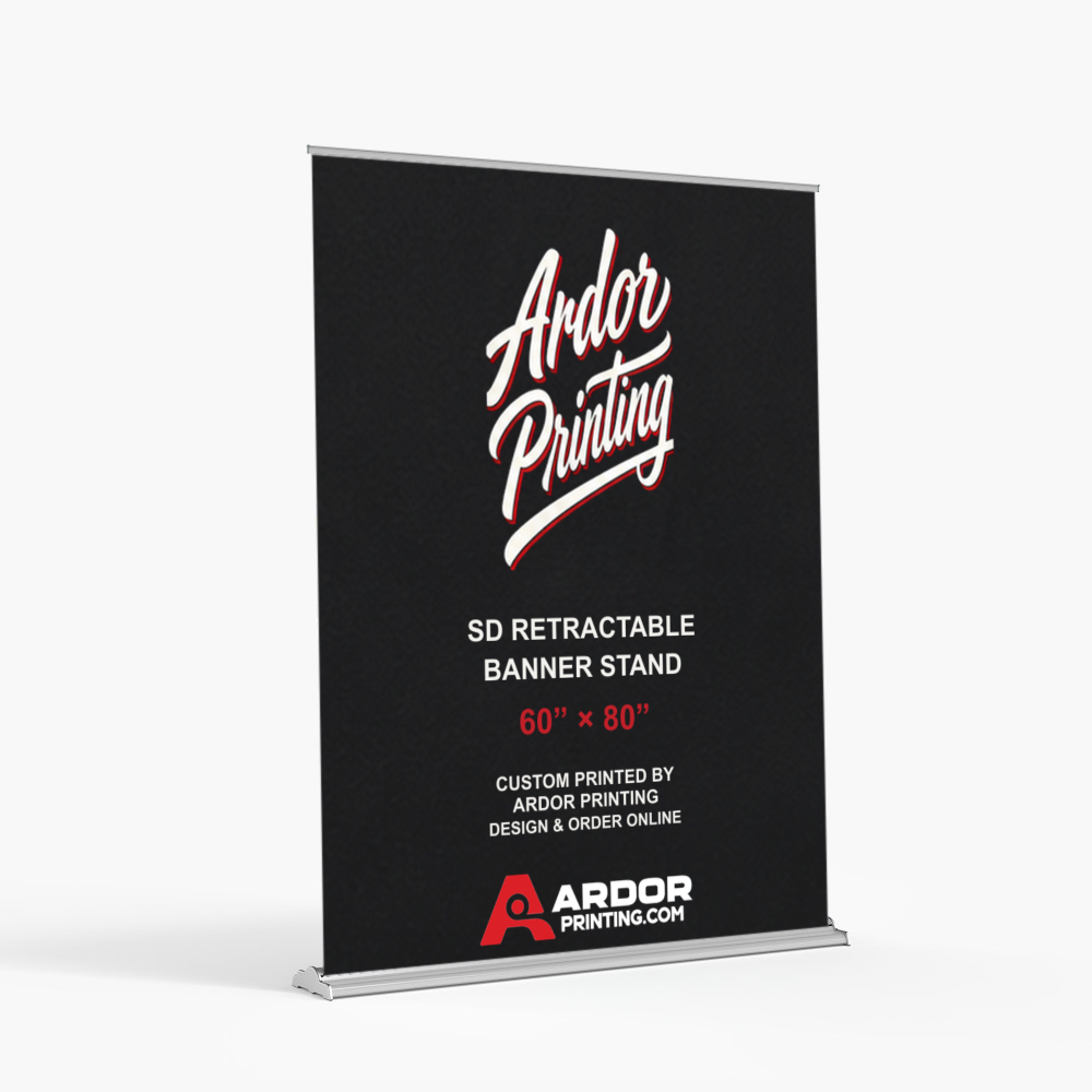 SD adjustable height retractable banner stand, 60 x 80 in, with a printed banner showing Ardor Printing branding