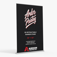 SD adjustable height retractable banner stand, 60 x 92 in, with a printed banner showing Ardor Printing branding
