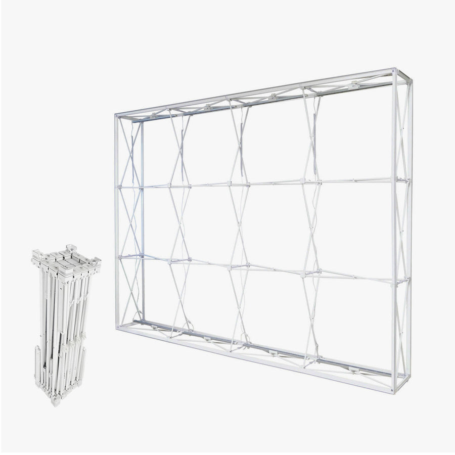 Collapsible pop-up frame of the 10ft SEG backlit popup display, folded and expanded (hardware only)