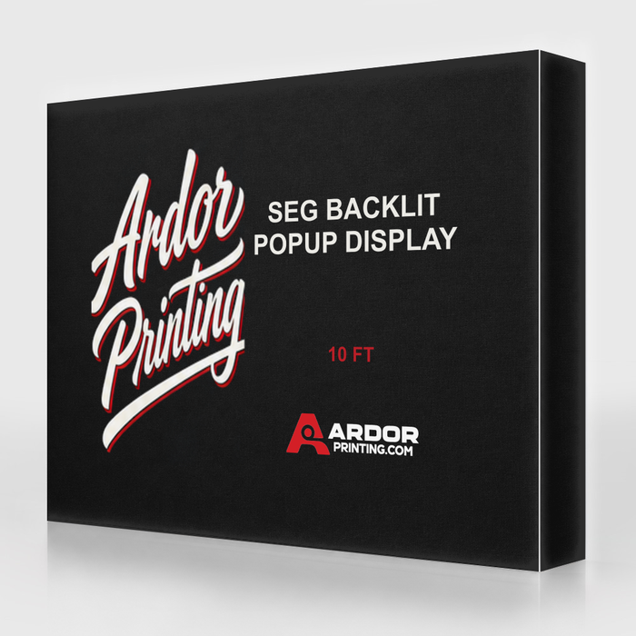 10ft SEG backlit popup display, 117 x 88 in, LED lit pop-up fabric lightbox with Ardor Printing branding