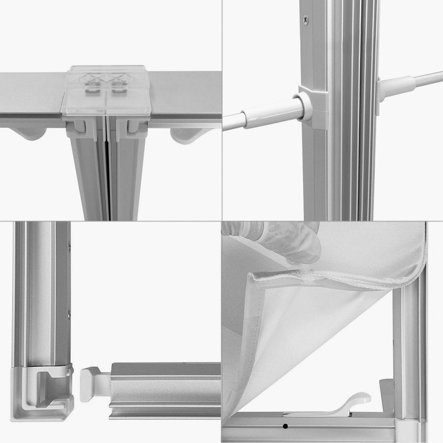 Frame connector, foot and fabric insert details of the 10ft SEG display (4 views)