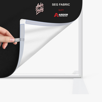 Close-up of the silicone edge fabric graphic being pulled from the 10ft SEG display frame channel, Ardor Printing branding