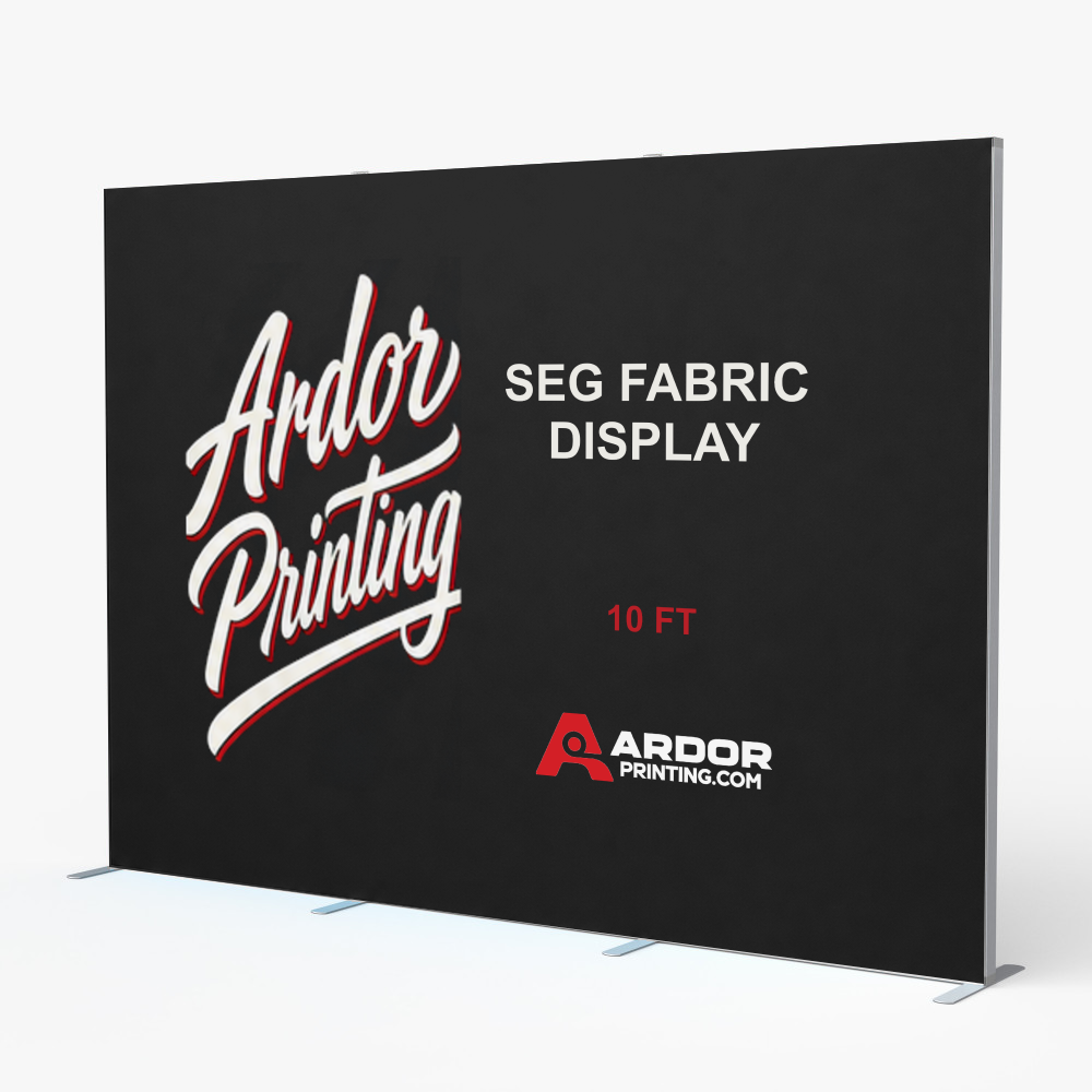 10ft SEG display, 118 x 89 in, freestanding aluminum frame with a printed fabric graphic showing Ardor Printing branding
