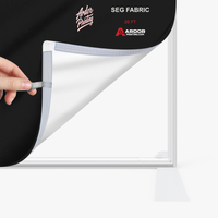 Close-up of the silicone edge fabric graphic being pulled from the 20ft SEG display frame channel, Ardor Printing branding
