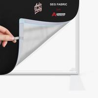 Close-up of the silicone edge fabric graphic being pulled from the 3ft SEG display frame channel, Ardor Printing branding