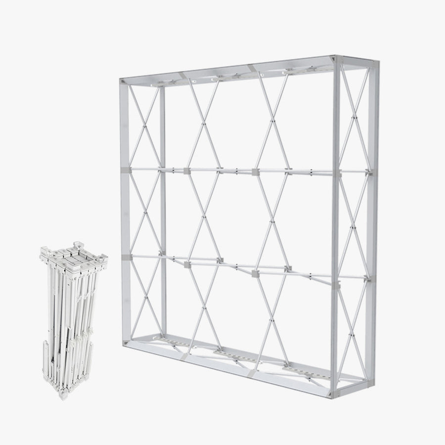 Collapsible pop-up frame of the 8ft SEG backlit popup display, folded and expanded (hardware only)
