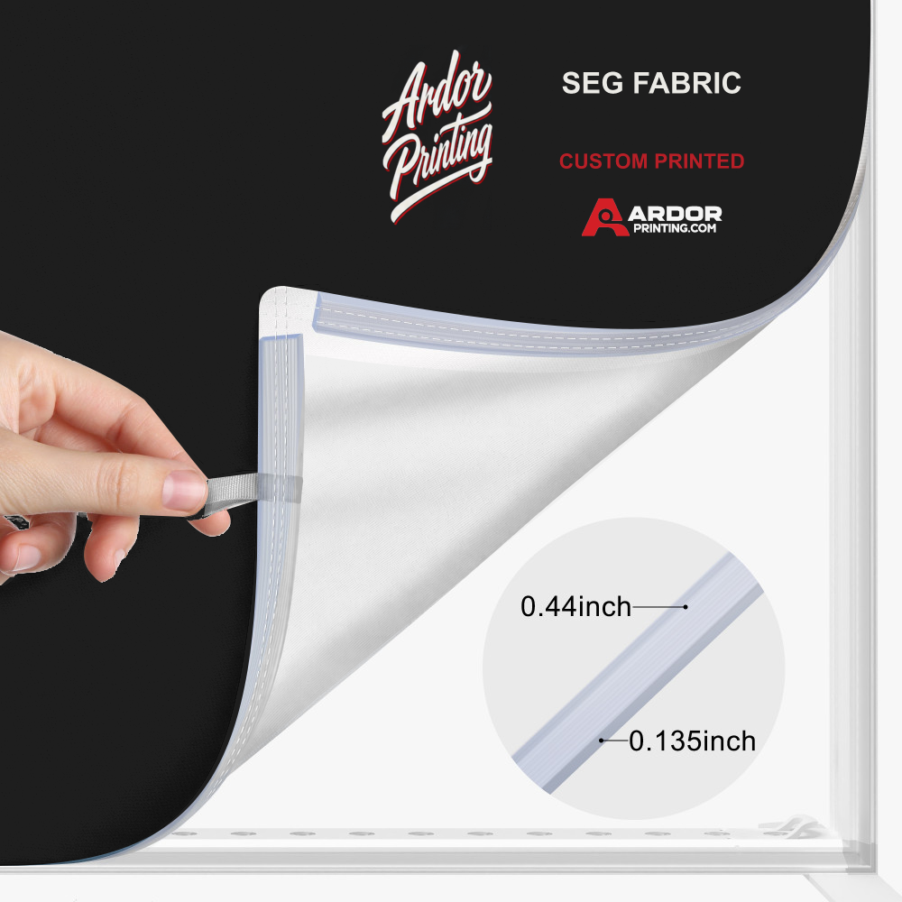 Custom SEG fabric graphic with its silicone edge, about 0.44 x 0.135 in with the fabric, Ardor Printing branding