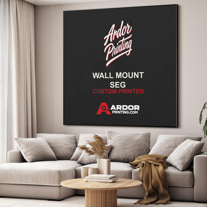 Wall Mount SEG: black aluminum frame with a printed fabric graphic hung over a sofa, Ardor Printing branding