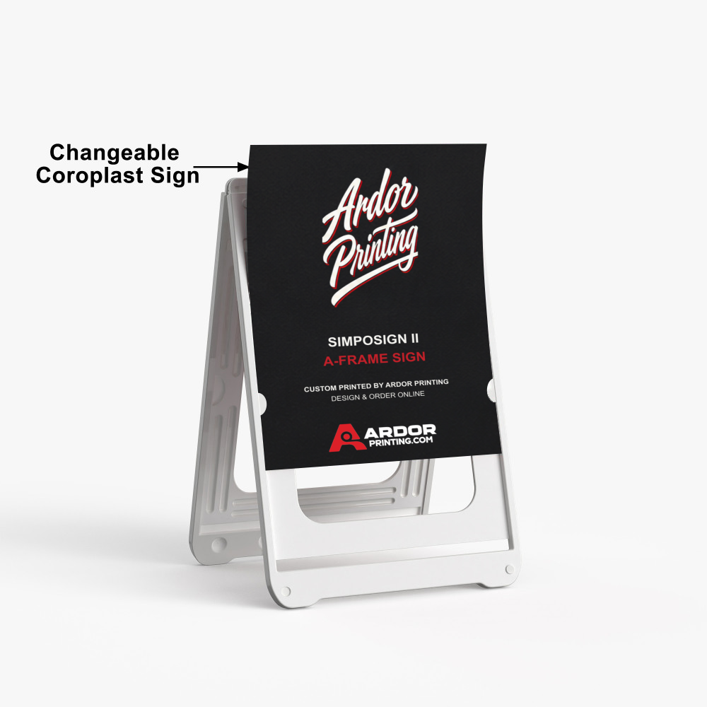 SimpoSign II A-frame with its changeable 22 x 28 in coroplast sign sliding into the frame, Ardor Printing branding