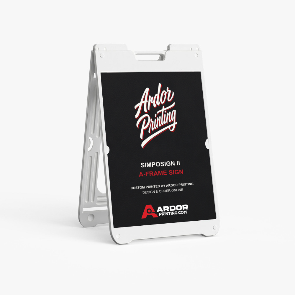 SimpoSign II A-frame sign in white with a printed 22 x 28 in coroplast sign, shown with Ardor Printing branding