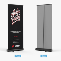 Standard retractable banner stand, 33 x 81 in, black hardware, front and back views, Ardor Printing branding