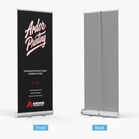 Standard retractable banner stand, 33 x 81 in, silver hardware, front and back views, Ardor Printing branding